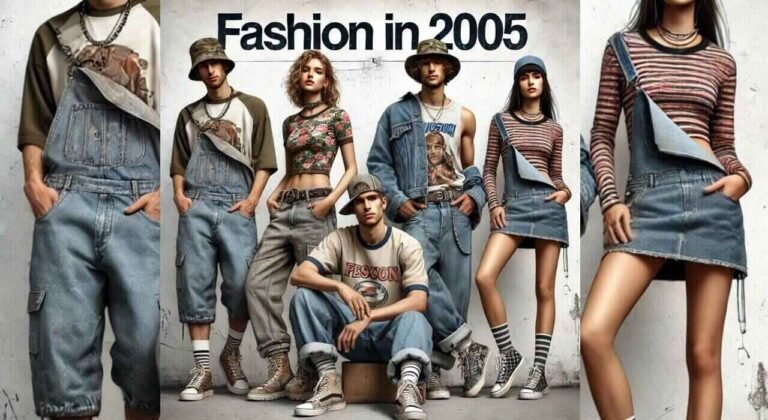 A group of five fashion models—three men and two women—pose in 2005 streetwear against a graffiti wall. The men wear baggy jeans and trucker hats, while the women sport denim skirts and layered tops. 'Fashion in 2005' is displayed in bold, urban-style text.