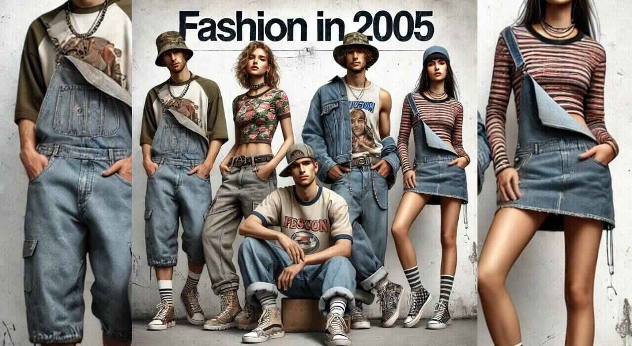 A group of five fashion models—three men and two women—pose in 2005 streetwear against a graffiti wall. The men wear baggy jeans and trucker hats, while the women sport denim skirts and layered tops. 'Fashion in 2005' is displayed in bold, urban-style text.