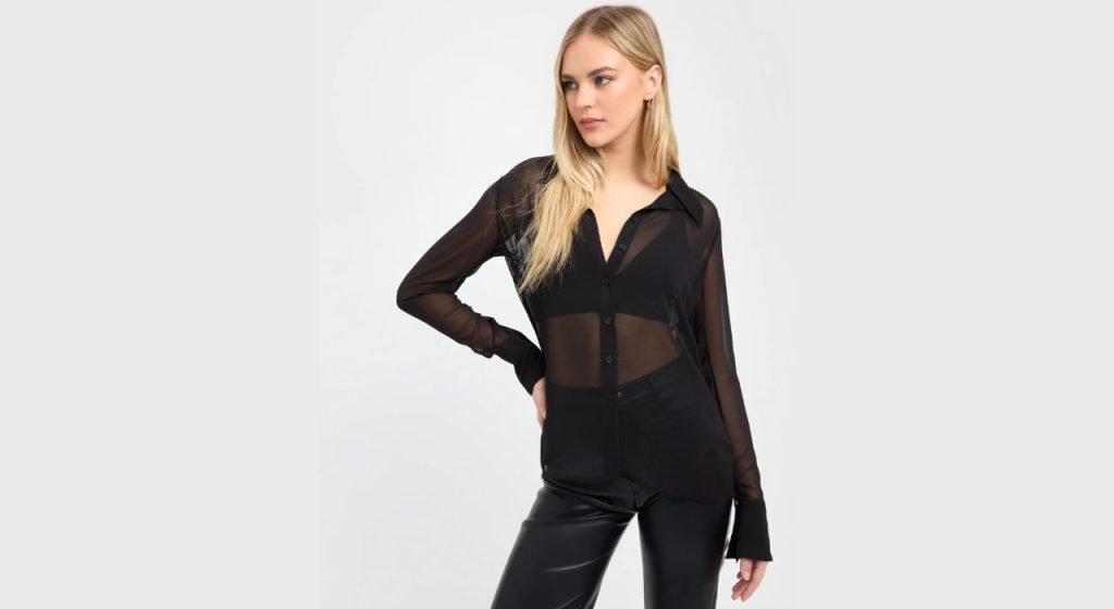 A white girl wearing stylish and beautiful Sheer Blouse
