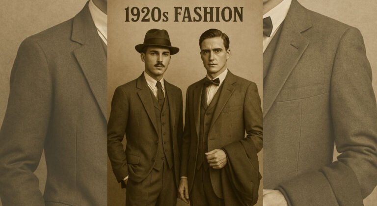 Two men wearing classic 1920s men’s fashion, dressed in vintage three-piece suits with a fedora and bow tie, showcasing iconic decade-defining menswear styles.