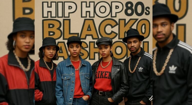 4 black fashion models 2 black men and 2 black women styled in 80s hip hop clothing