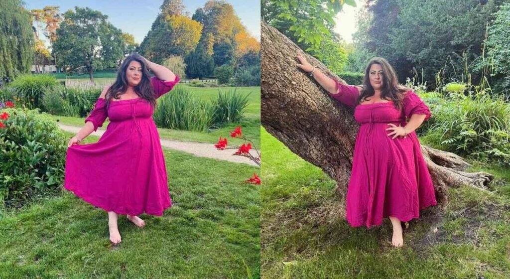 Annie Manni (@curvy_mumma_fashion) in fashionable pink dress for curvy woman