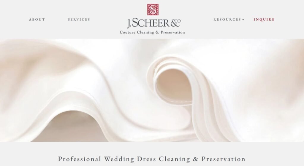 Homepage of J. Scheer & Co.'s website. Professional wedding dress cleaning & preservation written on it.