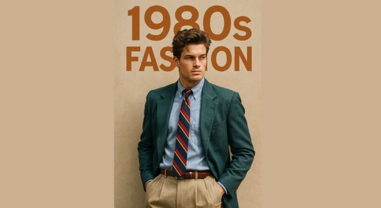 A styled man styled in cloths on 80s, and 1980s fashion written on the background.