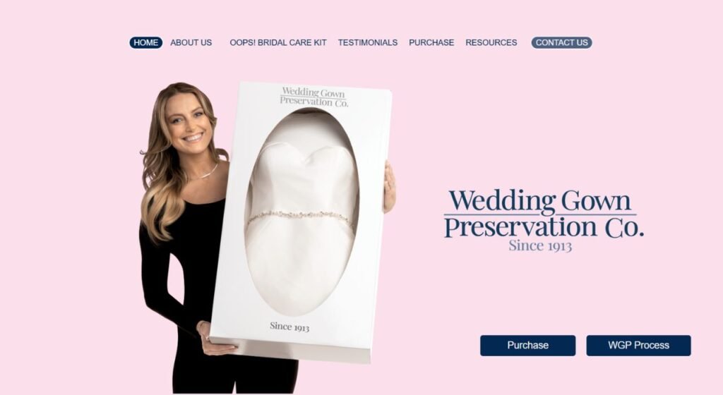 Homepage screenshot of Wedding Gown Preservation Co. website.
