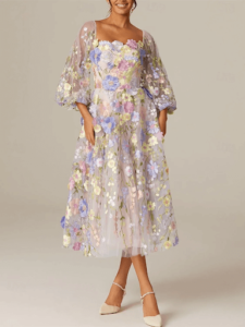 Mondressy A-Line Princess Square Neck Tea-Length Dress