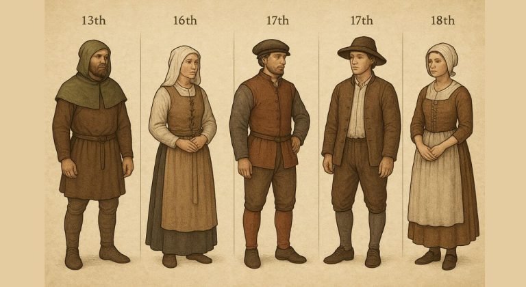 Medieval people wearing the clothes of 13th, 16th, 17th, and 18th centuries.