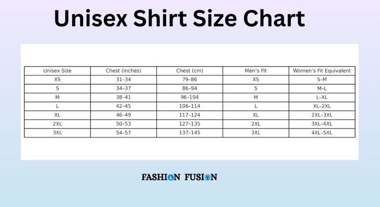 Unisex Shirt Size Chart create by fashion fusion