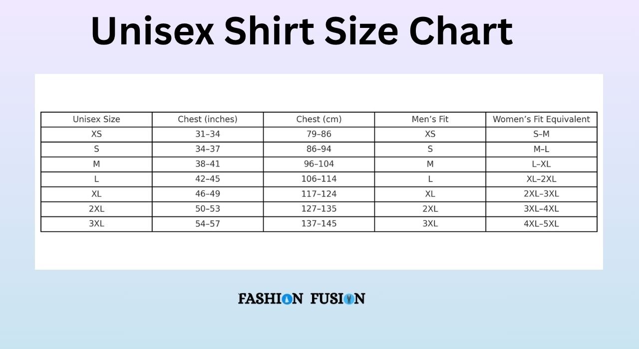 Unisex Shirt Size Chart create by fashion fusion
