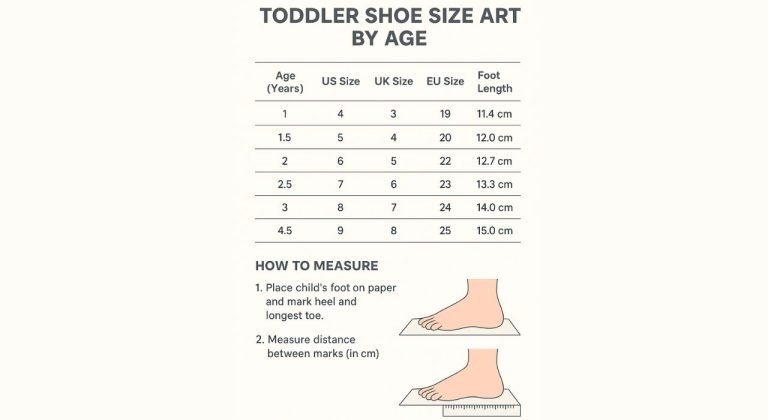 Toddler shoe size chart by age showing US, UK, EU sizes, and foot lengths in centimeters with illustrated foot measurement guide for parents to find the right shoe fit for toddlers
