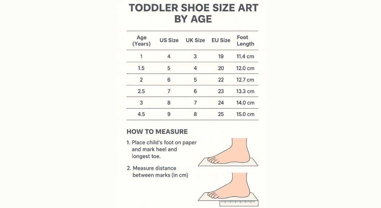 Toddler shoe size chart by age showing US, UK, EU sizes, and foot lengths in centimeters with illustrated foot measurement guide for parents to find the right shoe fit for toddlers