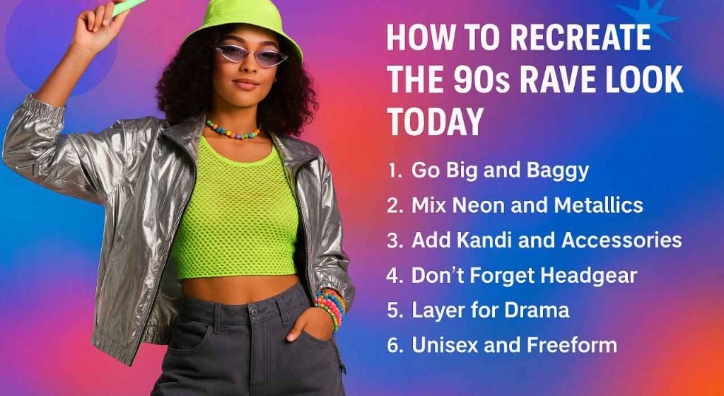 Young woman in neon green crop top, metallic silver jacket, and wide-leg pants poses with a glow stick against a colorful gradient background, showcasing “How to Recreate the 90s Rave Look Today” styling tips with text overlay.