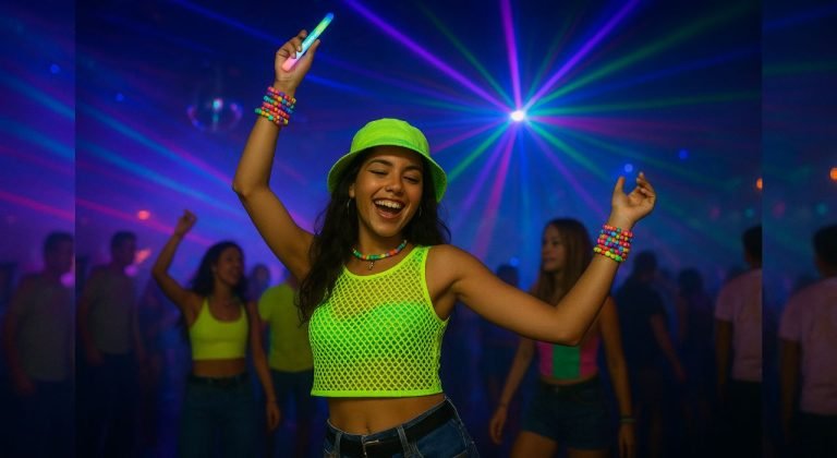 Young woman dancing at a 1990s rave in neon green mesh crop top and lime bucket hat, holding a glow stick under colorful laser lights, showcasing iconic 90s rave fashion style.