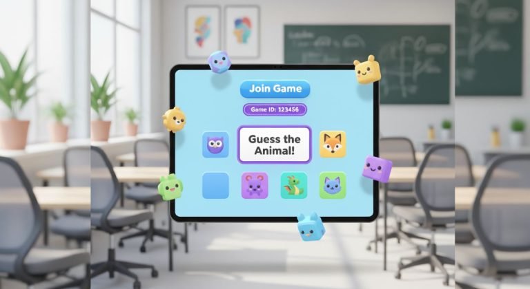 Bright digital illustration of an educational quiz game interface on a tablet screen, showing 'Join Game' button, 'Game ID,' and cute block avatars in a classroom setting for a Blooket tutorial