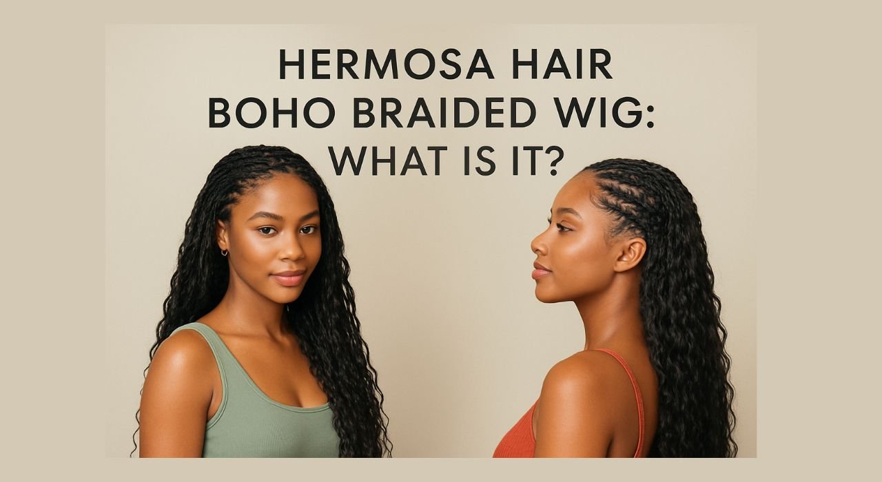 Two women wearing Hermosa Hair Half Boho braided wigs with natural-looking braids and loose curls, posing against a beige background with text reading ‘Hermosa Hair Boho Braided Wig: What Is It?’ — showcasing realistic pre-braided wig styles for effortless bohemian beauty.