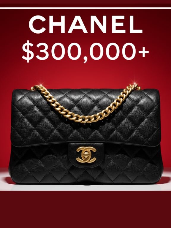 Chanel Classic Flap Bag in quilted black leather with gold chain hardware displayed on a red luxury background, highlighting its iconic design and $300,000+ price tag for a blog on the most expensive purse brands.