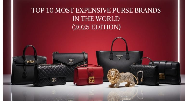 Hero image featuring five luxury designer handbags — Hermès Birkin, Chanel Classic Flap, Louis Vuitton Monogram, Dior Lady Dior, and Bottega Veneta Cassette — arranged on a beige background for the blog ‘Top 10 Most Expensive Purse Brands in the World (2025 Update)