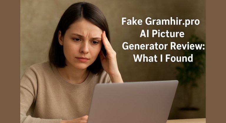 Lily Parker researching the fake Gramhir.pro AI Picture Generator on her laptop, showing frustration after discovering it doesn’t exist.