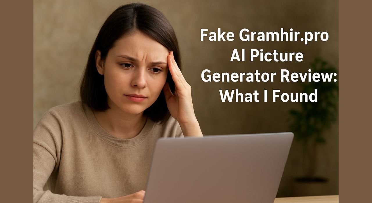 Lily Parker researching the fake Gramhir.pro AI Picture Generator on her laptop, showing frustration after discovering it doesn’t exist.