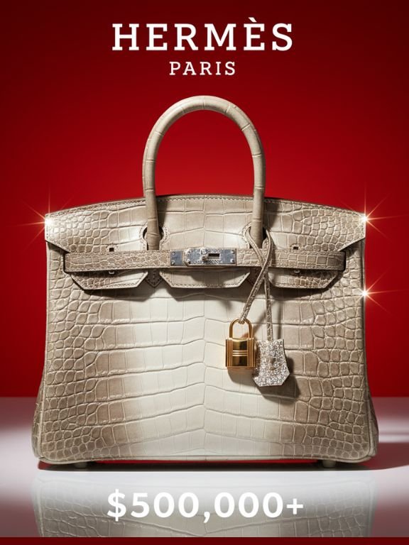 Hermès Himalayan Birkin luxury handbag with diamond-encrusted hardware displayed on a red background, showcasing its rare crocodile leather and $500,000+ price tag for a blog on the most expensive purse brands.