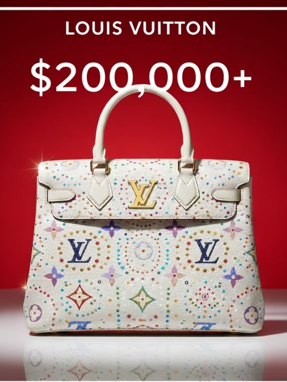 Louis Vuitton luxury handbag in white leather with colorful monogram artwork displayed on a red background, showcasing its rare collector’s design and $200,000+ price tag for a blog on the most expensive purse brands.