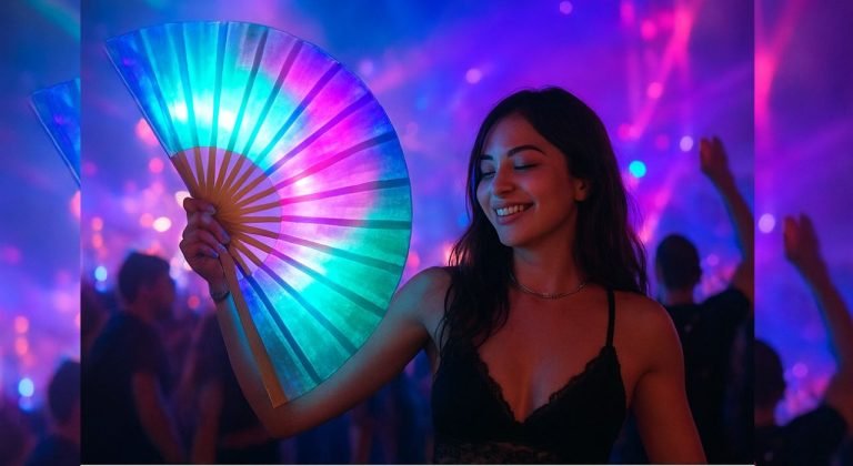 Realistic photo of a young woman at a vibrant 2025 music festival holding a glowing rave fan, surrounded by colorful neon lights and a lively dancing crowd
