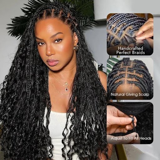 Woman wearing long handcrafted braided wig with natural-looking scalp and adjustable fit, showcasing perfect box braids for protective styling.