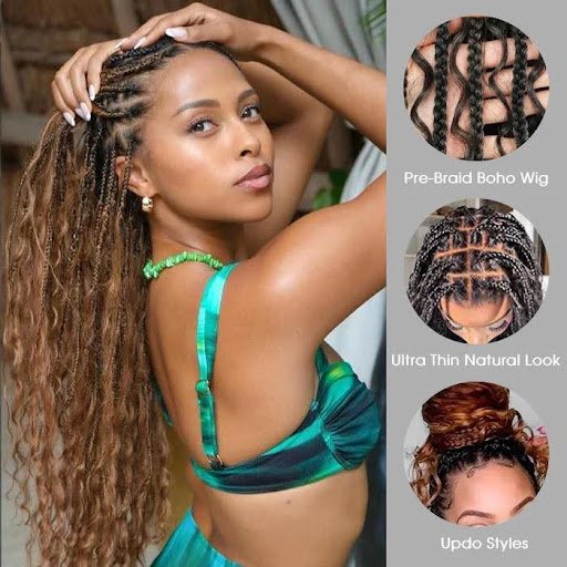 Woman wearing long pre-braided boho wig with ultra-thin natural look and versatile updo styles, showcasing realistic braided wig for effortless bohemian hairstyle.