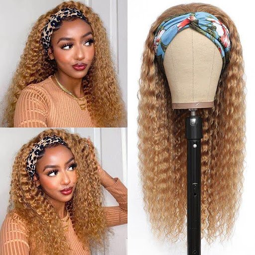 Woman wearing curly honey-blonde headband wig with leopard print band, shown alongside mannequin display of the same wig featuring wavy texture and floral headband — highlighting easy-to-wear, natural-looking headband wig style.