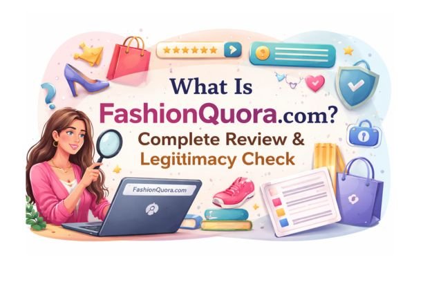 stylish woman using a laptop with fashion items and trust icons, alongside text reading “What Is FashionQuora.com? Complete Review & Legitimacy Check.
