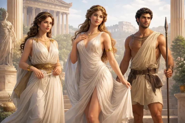Ancient Greek chiton garments on men and women in classical architecture setting, showcasing Doric and Ionic styles, flowing draped fabrics, and 'wet drapery' technique in a sunlit temple scene.
