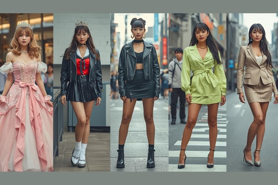Five women modeling different Gyaru substyles including Hime, Rokku, Kogal, Agejo, and Onee fashion in an urban setting.