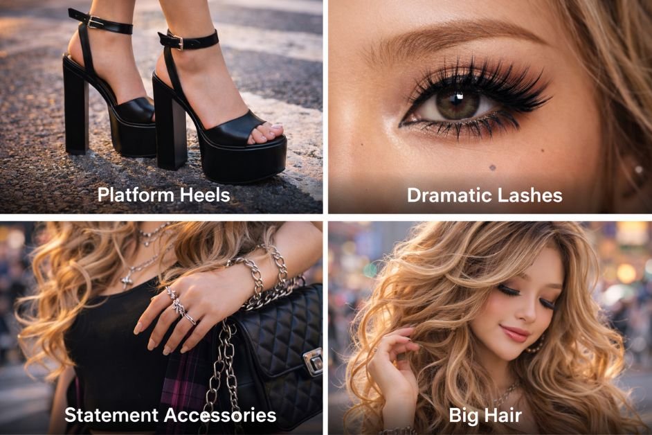 Gyaru fashion checklist showing platform heels, dramatic false lashes, statement accessories, and voluminous big hair in a 4-square style fashion guide collage.