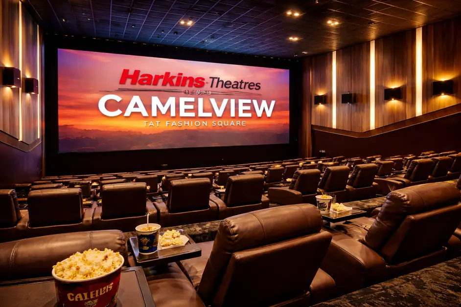 Luxury reclining seats inside Harkins Theatres Camelview at Fashion Square 14 in Scottsdale with premium cinema screen and upscale interior design.