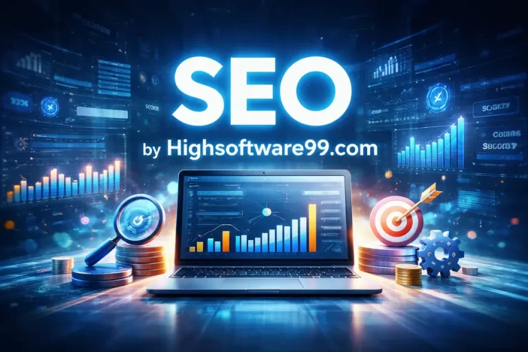 SEO by Highsoftware99.com analytics dashboard with ranking growth charts.