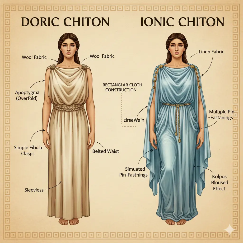 An educational diagram comparing the Doric chiton and Ionic chiton styles of ancient Greek clothing, showing the wool overfold (apoptygma) and pinned linen sleeves.