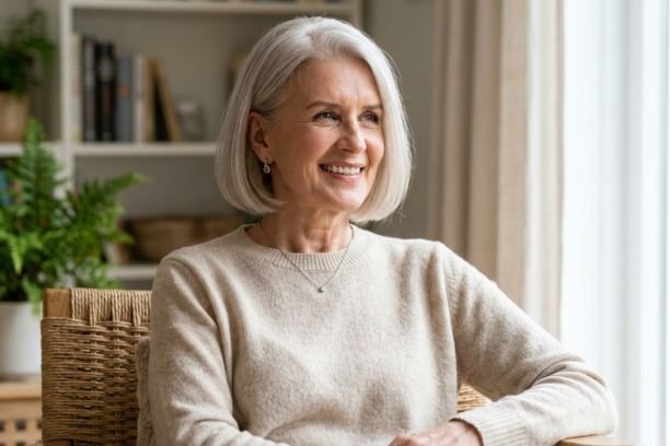 Classic chin-length bob hairstyle for women over 60 with fine silver hair and soft volume