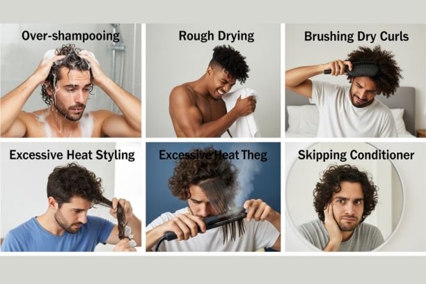 Man with curly hair showing common styling mistakes like rough towel drying and improper hair care routine